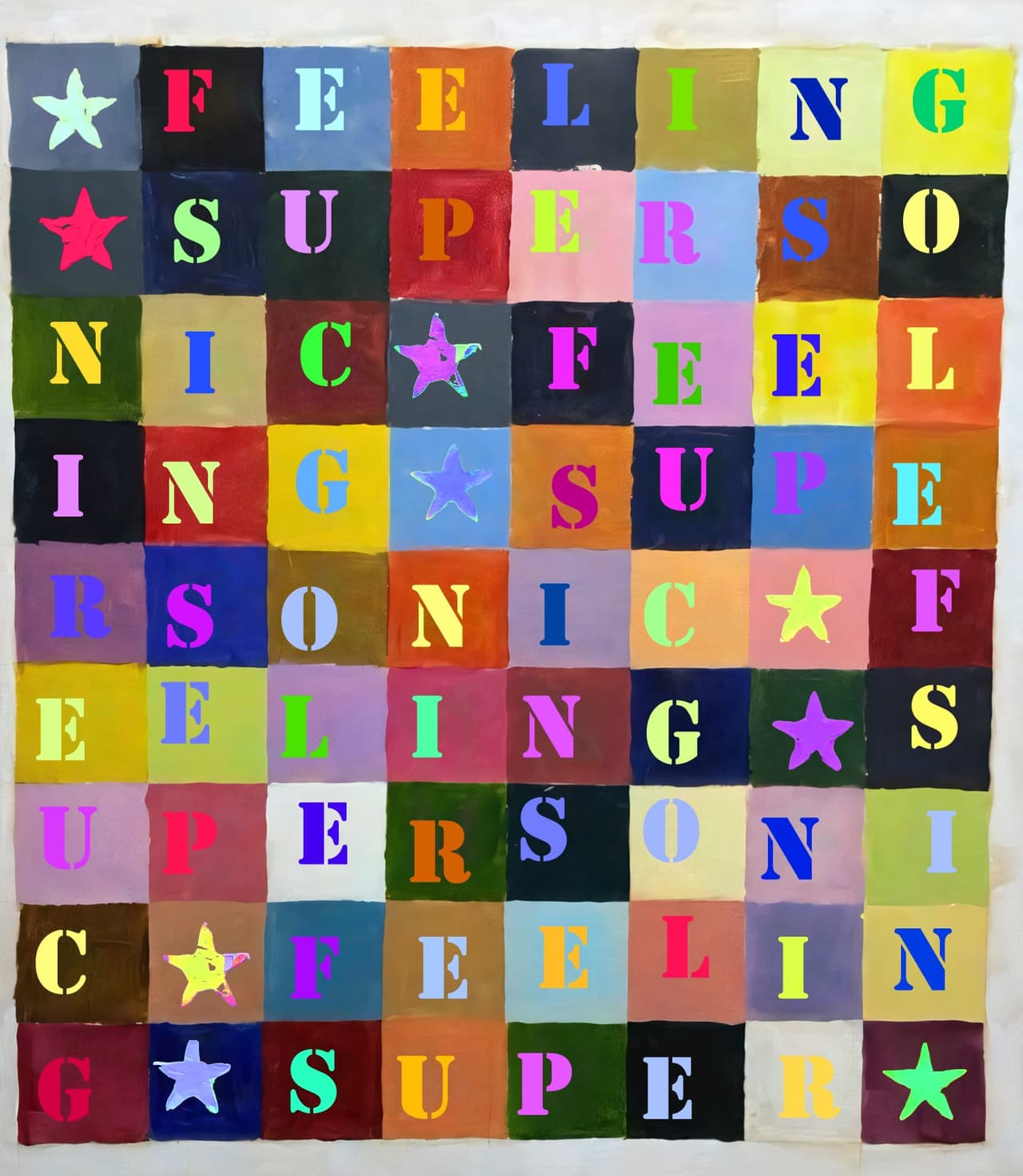 feeling supersonic artwork: multicoloured stencil letters and hand-painted stars spelling feeling supersonic across a patchwork of painted colour squares.