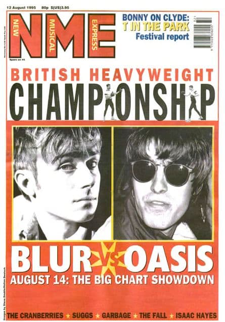 NME front cover, 12 August 1995: Damon Albarn and Liam Gallagher face off as British Heavyweight Championship, Blur vs Oasis.